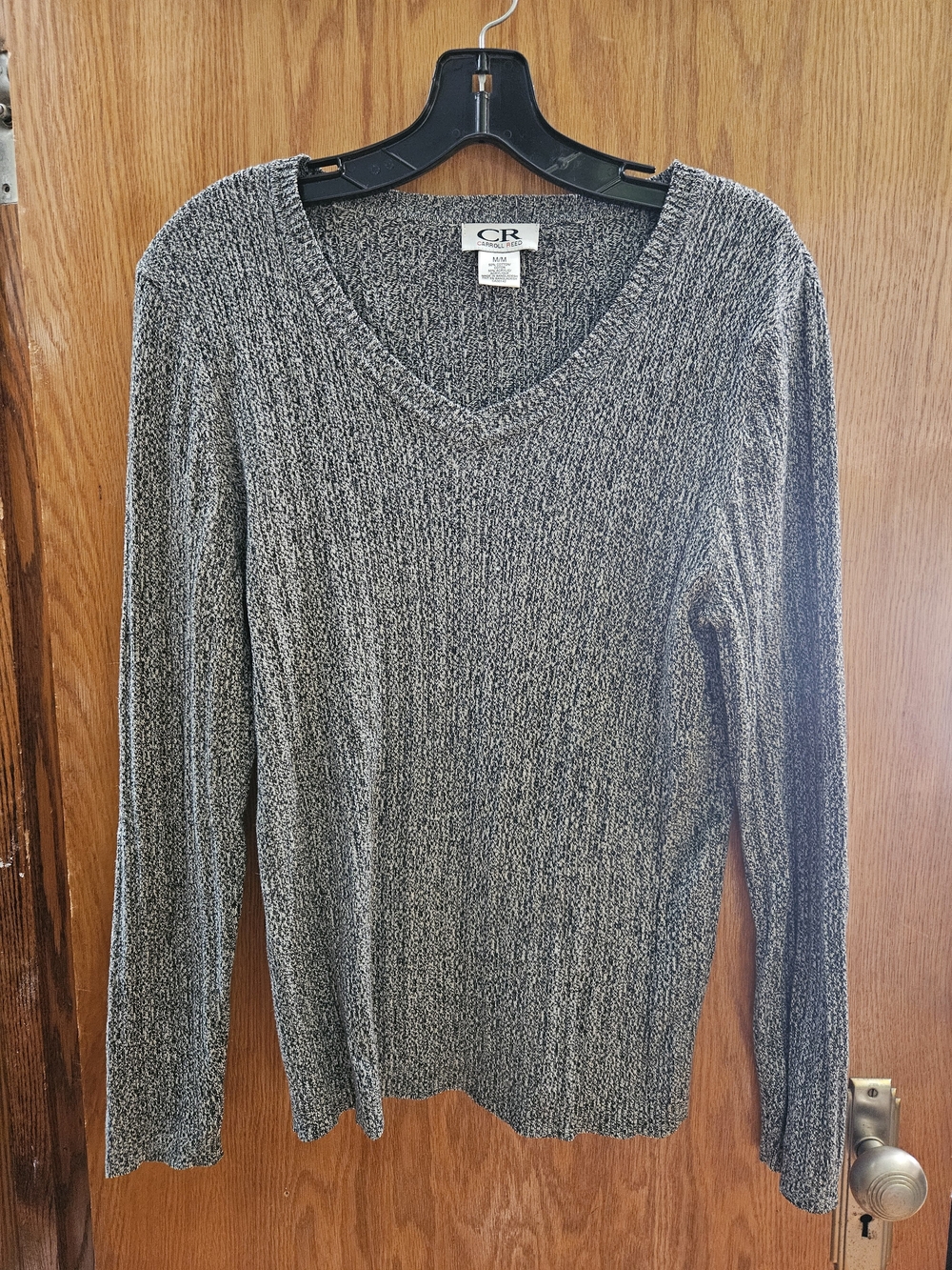CR Lightweight V-Neck Sweater in Black & White Marled